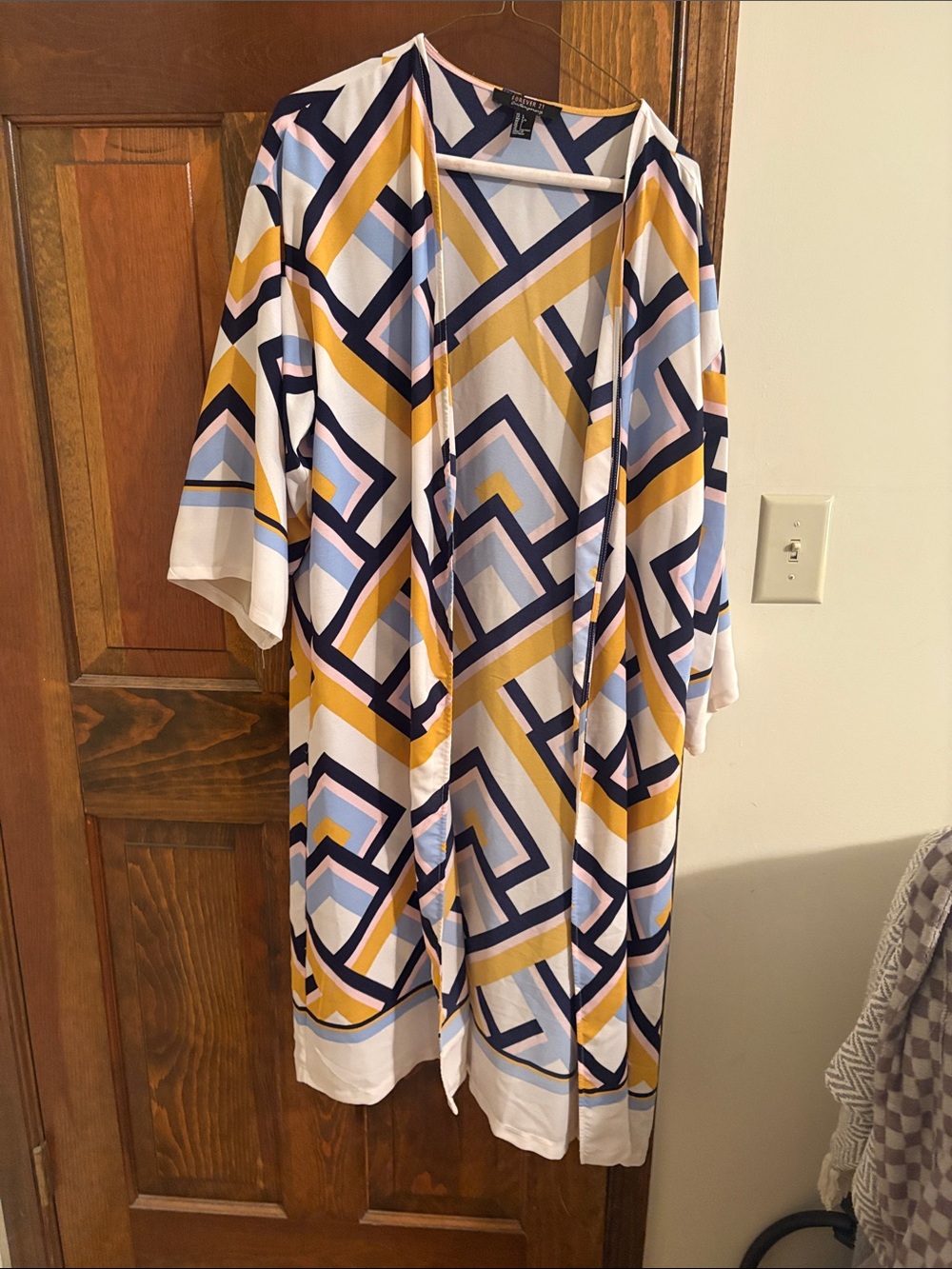 Forever 21 Geometric Pattern Open Kimono - Navy, Mustard, Light Blue, White